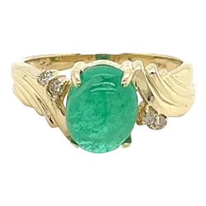 2 Carat Cabochon Cut Natural Emerald & Diamond in Textured 14K Yellow Gold Ring, Size 6