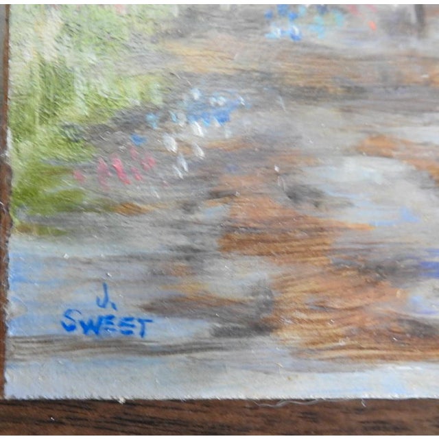 Small oil on masonite bluebonnet landscape painting by Joyce Sweet (20th c.) Texas. Titled Old Gate, dated, signed lower...