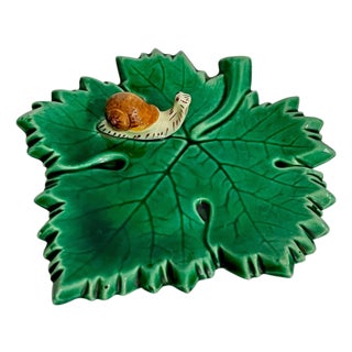 Vintage Green Majolica Leaf Plate With Snail Motif, French Country Style For Sale