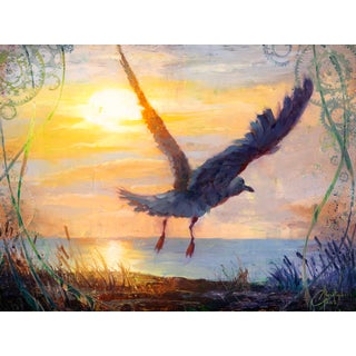 New Destinations by Christopher Clark | Oil and acrylic on wood panel Seagull flying at sunset For Sale