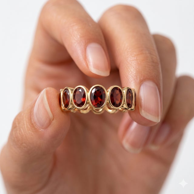 Contemporary Natural Garnet Anniversary Band Ring | Bezel-Set Eternity Gemstone Ring Us 7 For Sale - Image 3 of 4