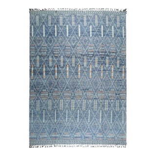 9x12 Blue Hand-Knotted Wool Linear Diamond Grid Geometric Modern Carpet Rug For Sale
