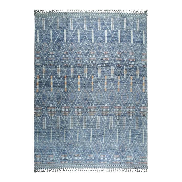 9x12 Blue Hand-Knotted Wool Linear Diamond Grid Geometric Modern Carpet Rug For Sale