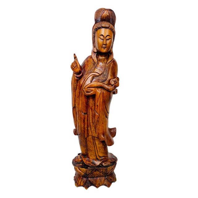 Large Vintage Hand Carved Solid Wood 4.5 Foot Standing Kwan Yin/Guanyin Statue For Sale - Image 12 of 12