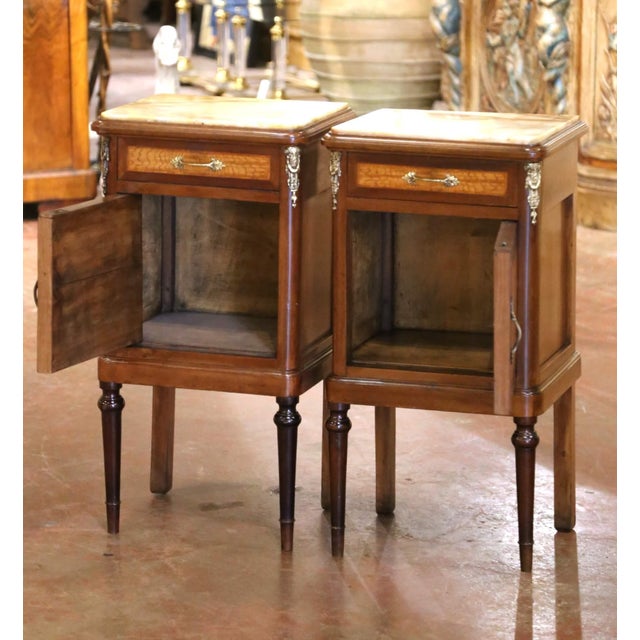 French Pair of 19th Century French Louis XVI Mahogany Marble-Top Nightstands For Sale - Image 3 of 9