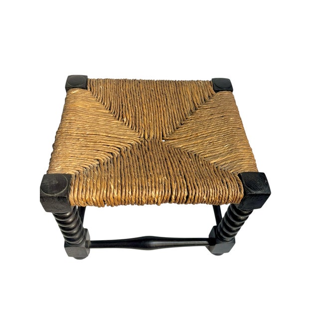 Textile Antique English Jacobean Style Country Woven Rush Seat Stool With Bobbin Legs For Sale - Image 7 of 16