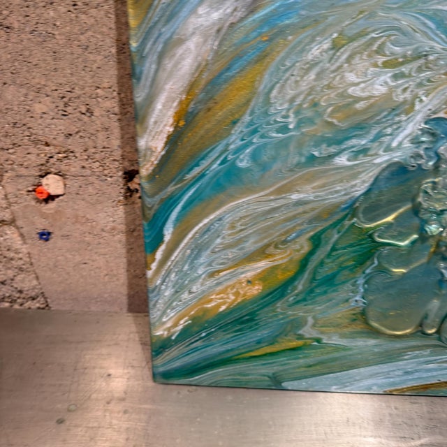 Abstract Blue and Gold Fluid Art Painting Crushed Glass Modern Wall Art For Sale - Image 10 of 12
