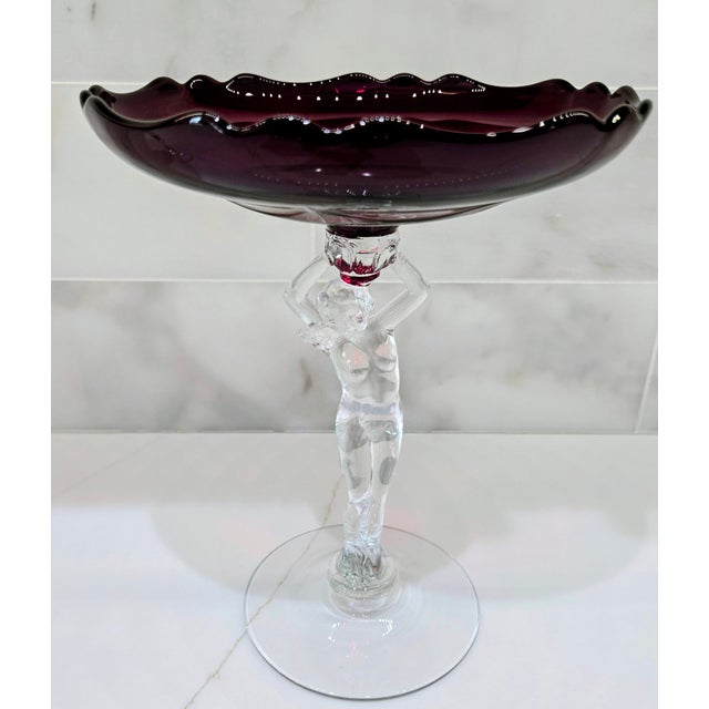 Elegant pair of 1930s Cambridge Glass “Carmen” red compotes featuring the iconic nude Statuesque figural stems with clear...