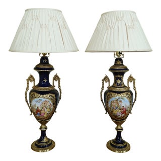 Seures Porcelain Large Blue Urn Decorated Table Lamps - a Pair For Sale