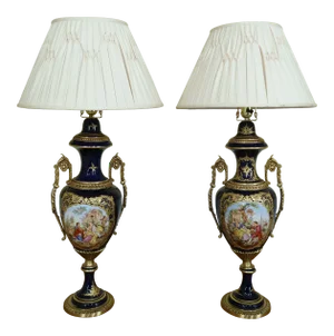 Seures Porcelain Large Blue Urn Decorated Table Lamps - a Pair