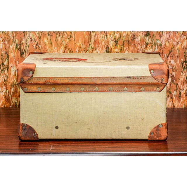 Decorative 1930s Travel Trunk Luggage Suitcase Antique Leather Canvas Travel Home Decor Storage For Sale - Image 12 of 15