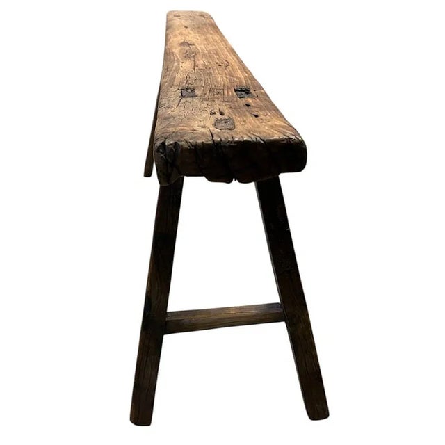 Antique Wood Farmhouse Bench For Sale In West Palm - Image 6 of 9