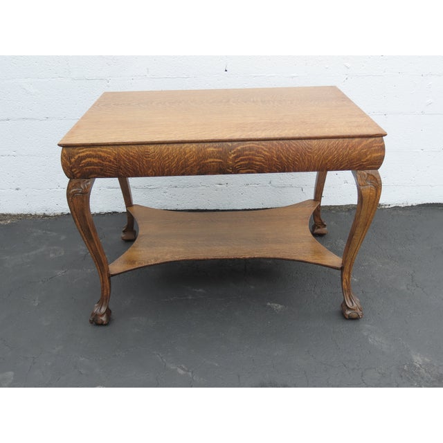 Brown Early 1900s Ball and Claw Feet Tiger Oak Writing Office Desk Library Table 6410 For Sale - Image 8 of 17
