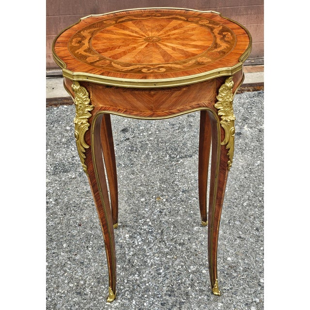 French Haentges Freres Attributed Gilt-Bronze and Kingwood Tulipwood Inlaid Gueridon. Paris, Circa 1890s For Sale - Image 3 of 12