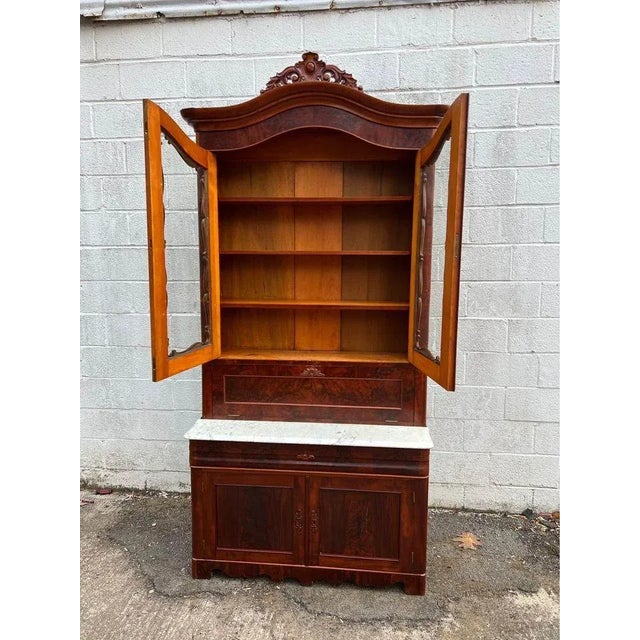 Wood Victorian Rococo Style Walnut Two-Part Marble Top Bureau Bookcase. 1860. For Sale - Image 7 of 12