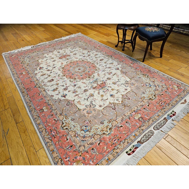 Persian Tabriz Rug, Hand-Knotted Wool & Silk, Fine Floral Pattern, Ivory & Salmon, 7x10 For Sale - Image 3 of 17