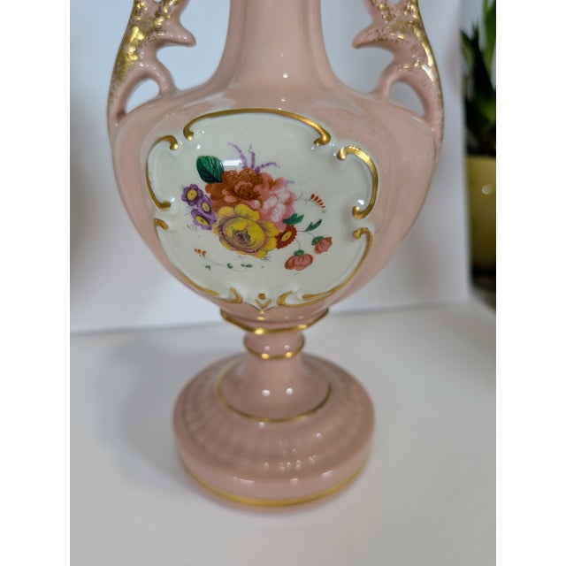Vintage Pair of Porcelain Mantel Vases, Pink Porcelain, Mid-Century St Regis, Floral Gold Gilt, Excellent 12" For Sale - Image 4 of 12