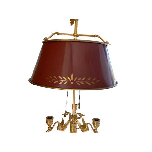 1980s Vintage Wildwood French Empire Candlestick Bouillotte Bronze Table Lamp Triple Swans 25.5" Made in 1980s For Sale - Image 5 of 10