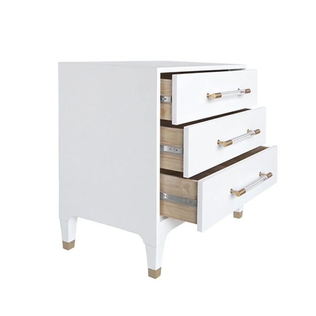 Worlds Away Matthew Izzo Home Amber White Linen Side Table With Acrylic and Antique Brass Drawer Pulls For Sale - Image 4 of 8