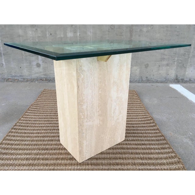 Artedi Brass-X Pedestal Glass End Table in Polished Travertine Italy For Sale - Image 13 of 13