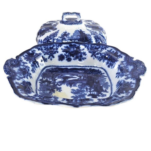 Antique W. Adams Fairy Villas Flow Blue Covered Serving Dish 13.5" For Sale - Image 13 of 15