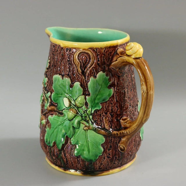Victorian Victorian Minton Majolica Oak Jug/Pitcher With Snail Handle For Sale - Image 3 of 12