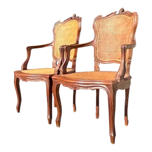 Vintage Boho Carved Wooden Chairs With Inset Cane Panels - a Pair