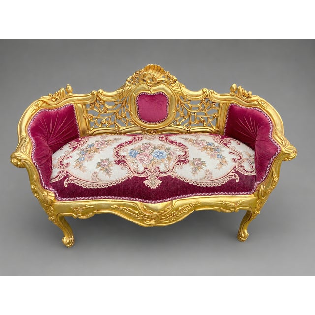 French Late 20c French Louis XVI Red Velvet Gilt Beech Settee For Sale - Image 3 of 13