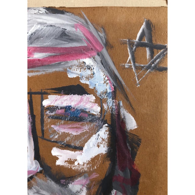 Outsider Folk Art Expressionist Rabbi Israeli Painting Signed Hebrew Jewish Star For Sale - Image 4 of 7