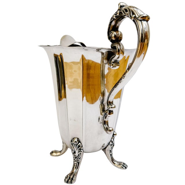 Vintage Silver on Copper Footed Water Pitcher With Lion’s Paw Feet & Scroll Handle For Sale - Image 4 of 9