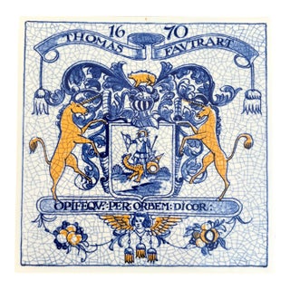 Dutch Delft Blue and White Porcelain Tile With Heraldic Coat of Arms For Sale
