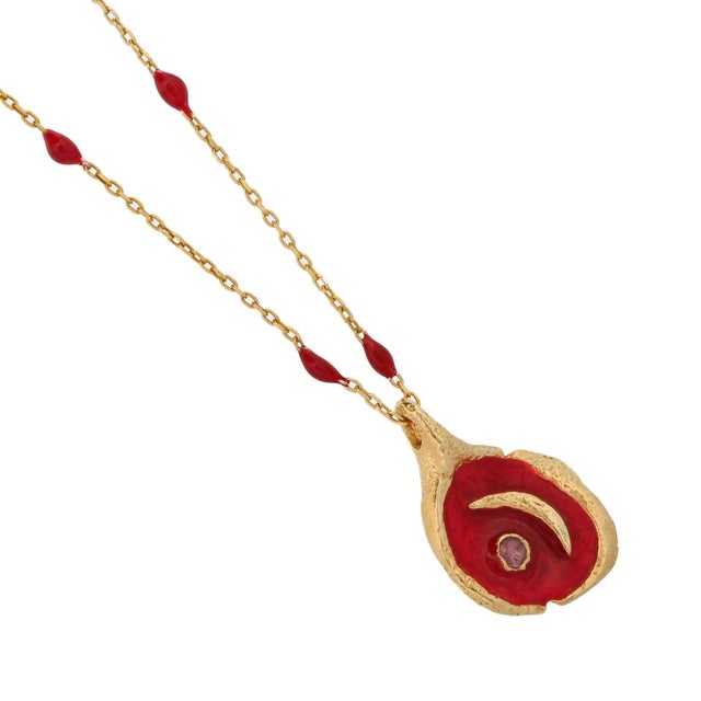 Red Moon Pendant Gold & Enamel Chain Necklace For Sale In Miami - Image 6 of 8