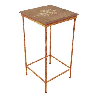 Red Lacquered Iron Plant Stand Table with Decorated Wooden Top For Sale