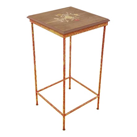 Red Lacquered Iron Plant Stand Table with Decorated Wooden Top For Sale