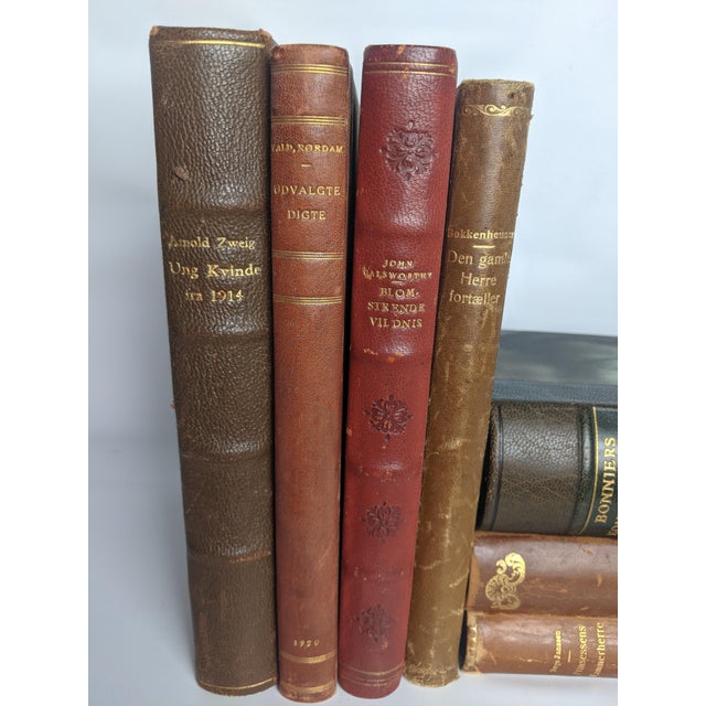 Antique Scandinavian Library Set of 7 – Brown, Burgundy & Cognac Leather Books For Sale - Image 4 of 16