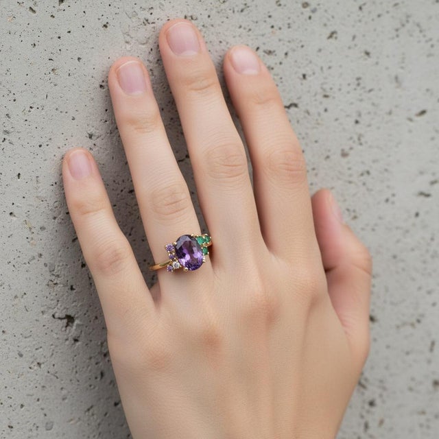 Purple Amethyst Multicolor Ring in 14k Gold, Size 7.5 For Sale - Image 11 of 11