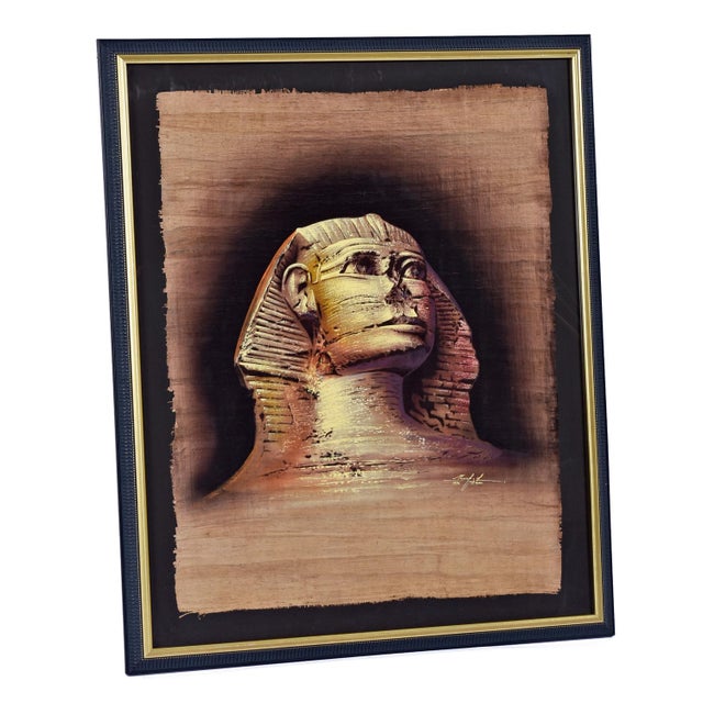 1996 Egyptian Sphinx on Papyrus Original Signed Painting by Monsef Labib For Sale - Image 4 of 10