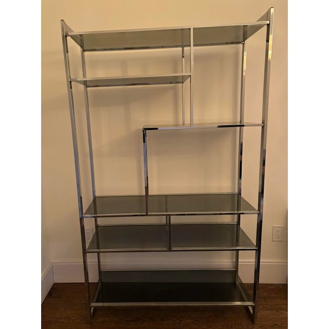 1970s chrome and smoked glass etagere by Milo Baughman for DIA. Stunning statement piece and display for art and...