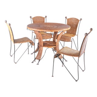 Wicker and Iron Dining Table and Chairs, 1970s, Set of 5 For Sale
