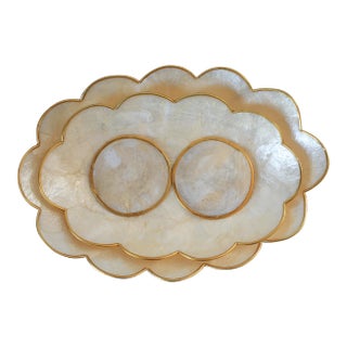 Vintage Capiz Shell Trinket Trays & Coasters W/ Gold Scalloped Edges For Sale