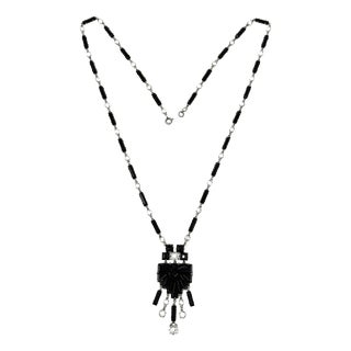 Czechoslovakian Art Deco Black Glass and Crystal Geometric Pendant Necklace, 1920s For Sale