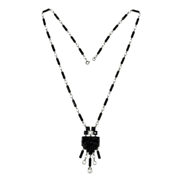 Czechoslovakian Art Deco Black Glass and Crystal Geometric Pendant Necklace, 1920s For Sale