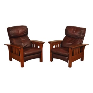 Stickley Mission Collection Pair Of Oak Bow Arm Morris Chair Recliners For Sale