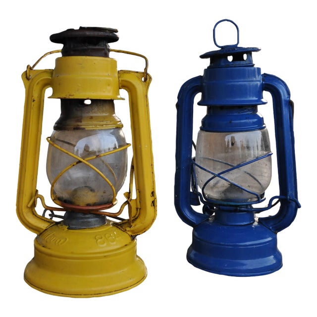 Hungarian Yellow and Blue Oil Lamps, 1960s, Set of 2 For Sale