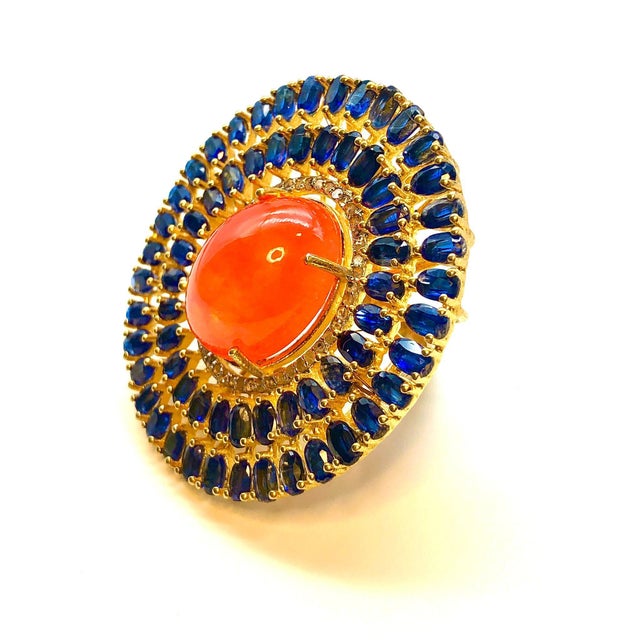 Gemstone Bochic "Orient" Natural Orange Opal, Kyanite & Diamond Ring Set In 18K & Silver For Sale - Image 7 of 18