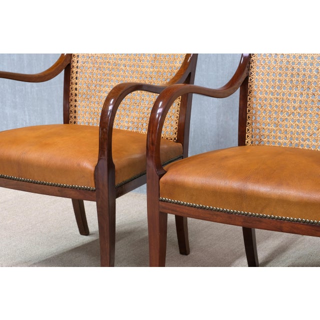 Armchairs in Mahogany, Cane, and Leather from Frits Henningsen, Denmark, 1931, Set of 2 For Sale - Image 15 of 16
