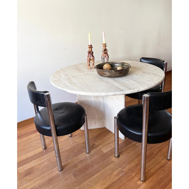 Postmodern 1970s Cream Off White Round Travertine Dining Table, Pedestal Base For Sale - Image 6 of 11