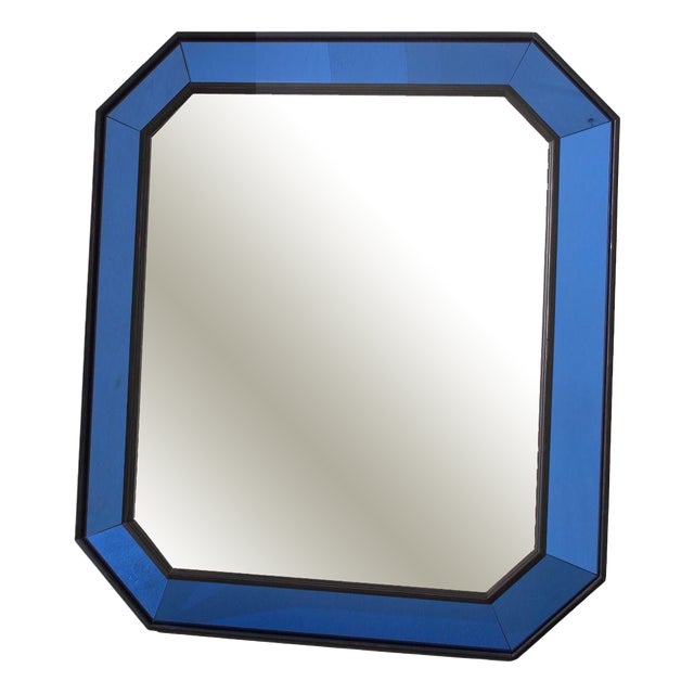 Mid-Century Italian Cushion Mirror in Blue Glass Frame For Sale