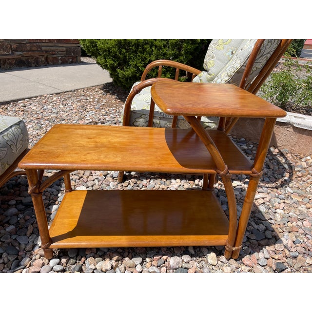 1940s MCM Heywood Wakefield Rattan Pair Lounge Chairs, Foot Stool & Lamp Table For Sale In Santa Fe - Image 6 of 10