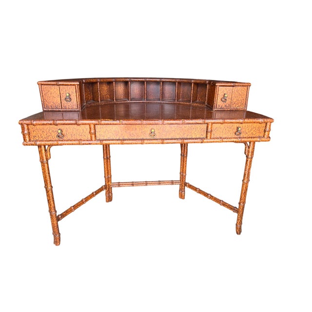 Late 20th Century Vintage Faux Bamboo Tortoise Finish Rattan-Style Writing Desk With Gallery Back and Storage Drawers For Sale - Image 5 of 15
